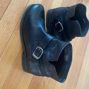 Frye Black Short Leather Booties w side silver buckle. Size 8 1/2.
